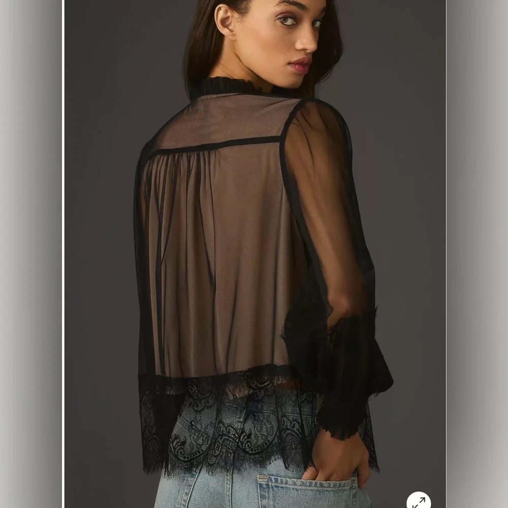 Anthropologie Layered Tulle Puff-Sleeve Lace Blouse. Size Large - Picture 2 of 11
